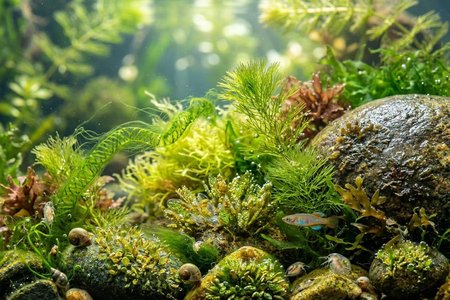 An image of the word algae as defined by any of numerous groups of chlorophyll-containing, mainly aquatic, eukaryotic organisms ranging from microscopic single-celled forms to multicellular forms 100 feet (30 meters) or more long, distinguished from plants by the absence of true roots, stems, and leaves and by a lack of nonreproductive cells in the reproductive structures: classified into the six phyla Euglenophyta, Crysophyta, Pyrrophyta, Chlorophyta, Phaeophyta, and Rhodophyta.