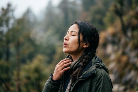An image of the word breathe as defined by to take air, oxygen, etc., into the lungs and expel it; inhale and exhale; respire.