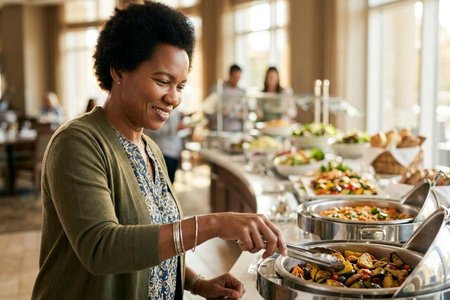 An image of the word buffet as defined by a variety of dishes presented in a line, from which diners in a restaurant serve themselves, usually at a fixed price regardless of how much one eats.