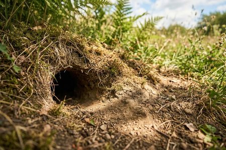 An image of the word burrow as defined by a hole or tunnel in the ground made by a rabbit, fox, or similar animal to live or hide in.