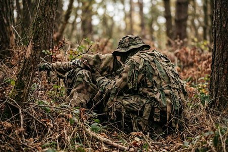 An image of the word camouflage as defined by the act, means, or result of obscuring things to deceive an enemy, as by painting or screening objects so that they are lost to view in the background, or by making up objects that from a distance have the appearance of fortifications, guns, roads, etc..