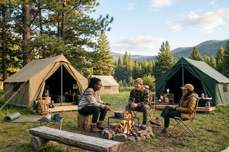 An image of the word camp as defined by a place where an army or other group of persons or an individual is lodged in a tent or tents or other temporary means of shelter.