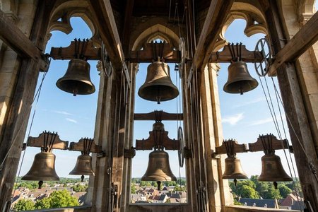 An image of the word carillon as defined by a set of stationary bells hung in a tower and sounded by manual or pedal action, or by machinery.
