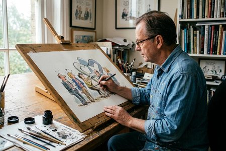 An image of the word cartoon as defined by a sketch or drawing, usually humorous, as in a newspaper or periodical, symbolizing, satirizing, or caricaturing some action, subject, or person of popular interest.