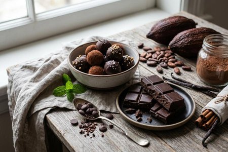 An image of the word chocolate as defined by a preparation of the seeds of cacao, roasted, husked, and ground, often sweetened and flavored, as with vanilla.