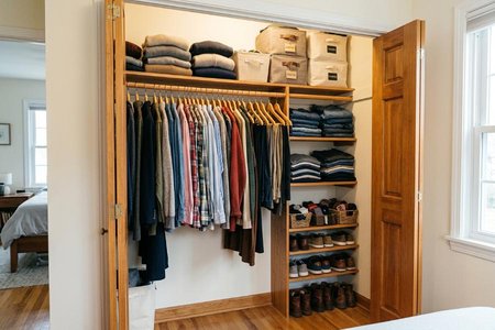 An image of the word closet as defined by a small room, enclosed recess, or cabinet for storing clothing, food, utensils, etc.