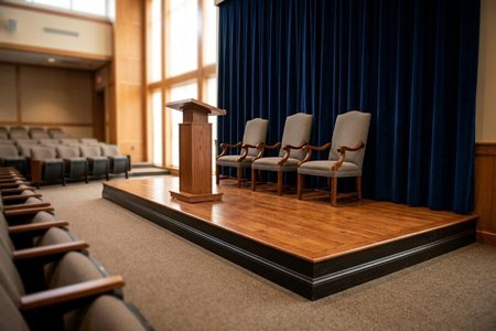 An image of the word dais as defined by a raised platform, as at the front of a room, for a lectern, throne, seats of honor, etc.
