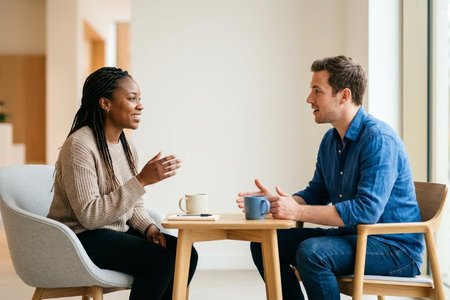 An image of the word discourse as defined by communication of thought by words; talk; conversation.