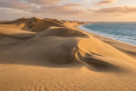An image of the word dune as defined by a sand hill or sand ridge formed by the wind, usually in desert regions or near lakes and oceans.