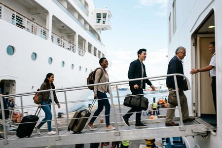An image of the word embark as defined by to board a ship, aircraft, or other vehicle, as for a journey.