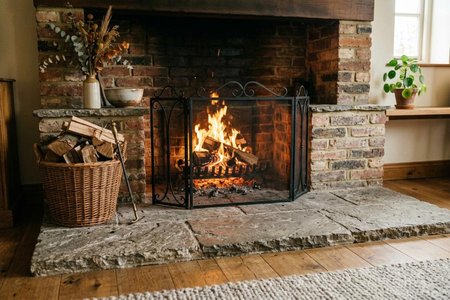 An image of the word hearth as defined by the floor of a fireplace, usually of stone, brick, etc., often extending a short distance into a room.