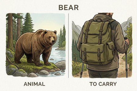 An image of the word homograph as defined by a word of the same written form as another but of different meaning and usually origin, whether pronounced the same way or not, as bear 1 “to carry; support” and bear 2 “animal” or lead 1 “to conduct” and lead 2 “metal.”