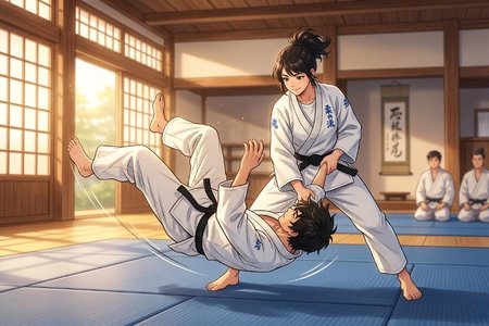 An image of the word jujitsu as defined by a method developed in Japan of defending oneself without the use of weapons by using the strength and weight of an adversary to disable him.