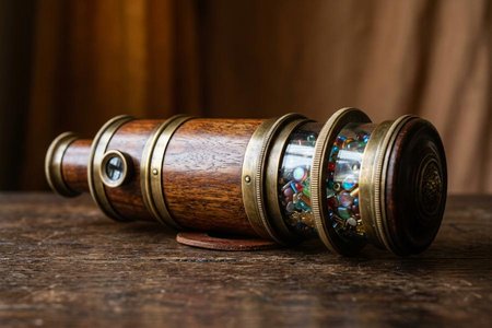 An image of the word kaleidoscope as defined by an optical instrument in which bits of glass, held loosely at the end of a rotating tube, are shown in continually changing symmetrical forms by reflection in two or more mirrors set at angles to each other.