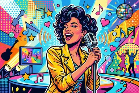 An image of the word karaoke as defined by an act of singing along to a music video, especially one from which the original vocals have been electronically eliminated.