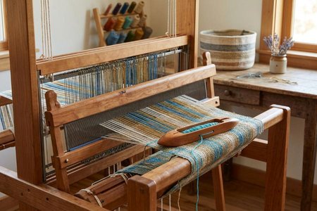 An image of the word loom as defined by a hand-operated or power-driven apparatus for weaving fabrics, containing harnesses, lay, reed, shuttles, treadles, etc.