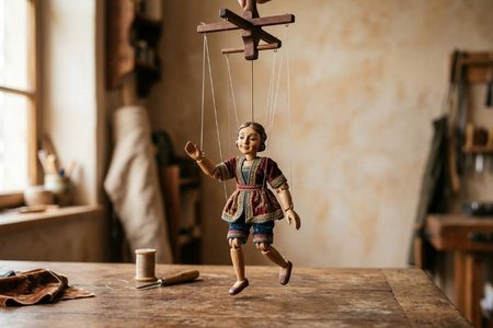 An image of the word marionette as defined by a puppet manipulated from above by strings attached to its jointed limbs.