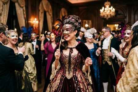 An image of the word masquerade as defined by a party, dance, or other festive gathering of persons wearing masks and other disguises, and often elegant, historical, or fantastic costumes.