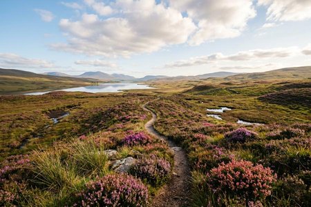 An image of the word moor as defined by a tract of open, peaty, wasteland, often overgrown with heath, common in high latitudes and altitudes where drainage is poor; heath.