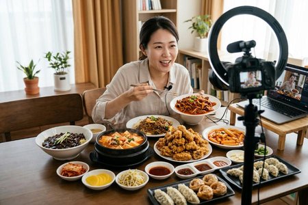 An image of the word mukbang as defined by a video, usually posted online, featuring a person eating large quantities of food, often while talking to the audience as if sharing a meal with them.