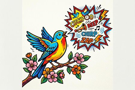 An image of the word onomatopoeia as defined by the formation of a word, as cuckoo, meow, honk, or boom, by imitation of a sound made by or associated with its referent.