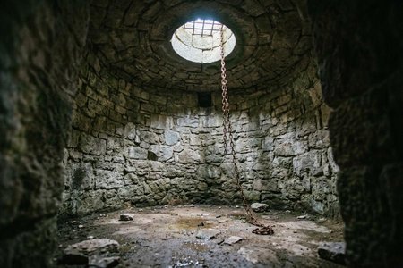 An image of the word oubliette as defined by a secret dungeon with an opening only in the ceiling, as in certain old castles.