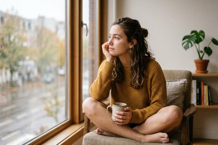 An image of the word pensive as defined by dreamily or wistfully thoughtful.