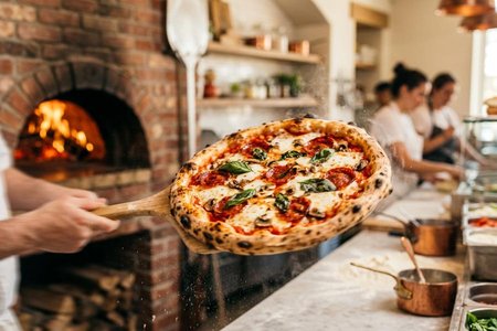 An image of the word pizza as defined by a flat, open-faced baked pie of Italian origin, consisting of a thin layer of bread dough topped with spiced tomato sauce and cheese, often garnished with anchovies, sausage slices, mushrooms, etc.
