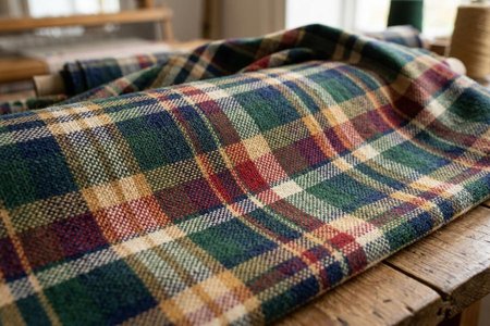 An image of the word plaid as defined by any fabric woven of differently colored yarns in a crossbarred pattern.