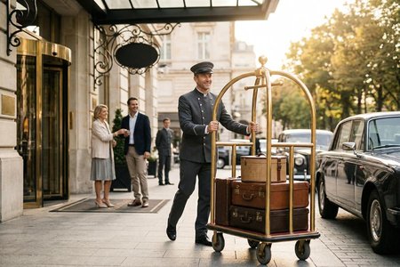 An image of the word porter as defined by a person hired to carry burdens or baggage, as at a railroad station or a hotel.
