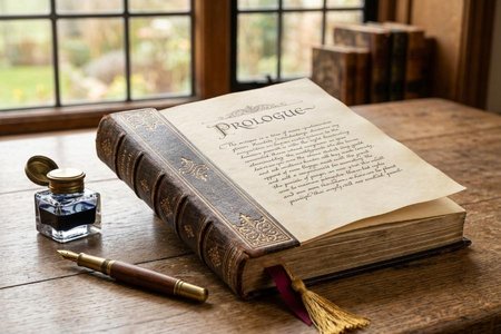 An image of the word prologue as defined by a preliminary discourse; a preface or introductory part of a discourse, poem, or novel.