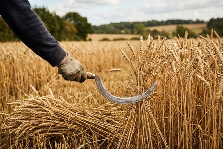 An image of the word reap as defined by to cut (wheat, rye, etc.) with a sickle or other implement or a machine, as in harvest.