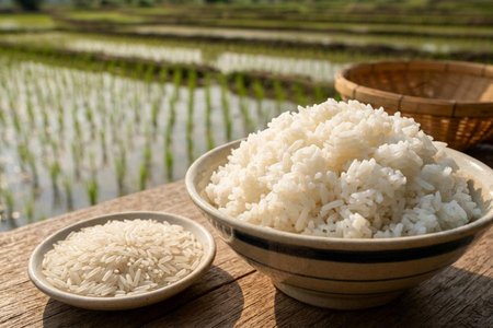 An image of the word rice as defined by the starchy seeds or grain of an annual marsh grass, Oryza sativa, cultivated in warm climates and used for food.