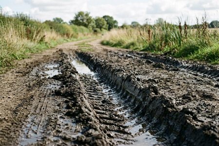 An image of the word rut as defined by a furrow or track in the ground, especially one made by the passage of a vehicle or vehicles.