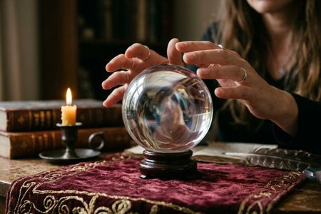 An image of the word scry as defined by to use divination to discover hidden knowledge or future events, especially by means of a crystal ball.