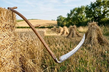 An image of the word scythe as defined by an agricultural implement consisting of a long, curving blade fastened at an angle to a handle, for cutting grass, grain, etc., by hand.