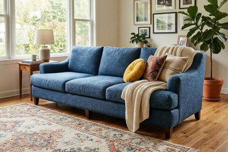 An image of the word sofa as defined by a long, upholstered couch with a back and two arms or raised ends.