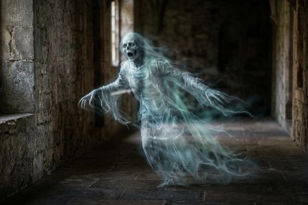 An image of the word specter as defined by a visible incorporeal spirit, especially one of a terrifying nature; ghost; phantom; apparition.