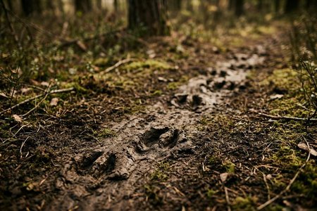 An image of the word spoor as defined by a track or trail, especially that of a wild animal pursued as game.