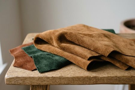 An image of the word suede as defined by kid or other leather finished with a soft, napped surface, on the flesh side or on the outer side after removal of a thin outer layer.