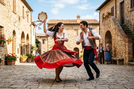 An image of the word tarantella as defined by a rapid, whirling southern Italian dance in very quick sextuple, originally quadruple, meter, usually performed by a single couple, and formerly supposed to be a remedy for tarantism.
