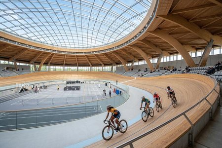 An image of the word velodrome as defined by a sports arena equipped with a banked track for cycling.