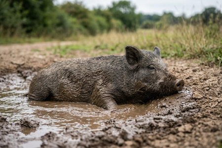 An image of the word wallow as defined by to roll about or lie in water, snow, mud, dust, or the like, as for refreshment.